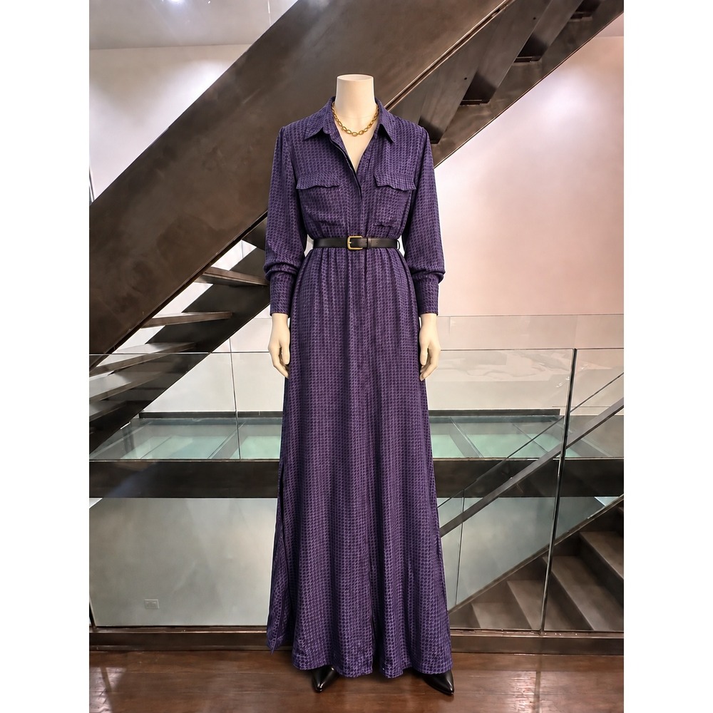 L'AGENCE Purple Houndstooth 100% Silk Maxi Shirt Dress Small